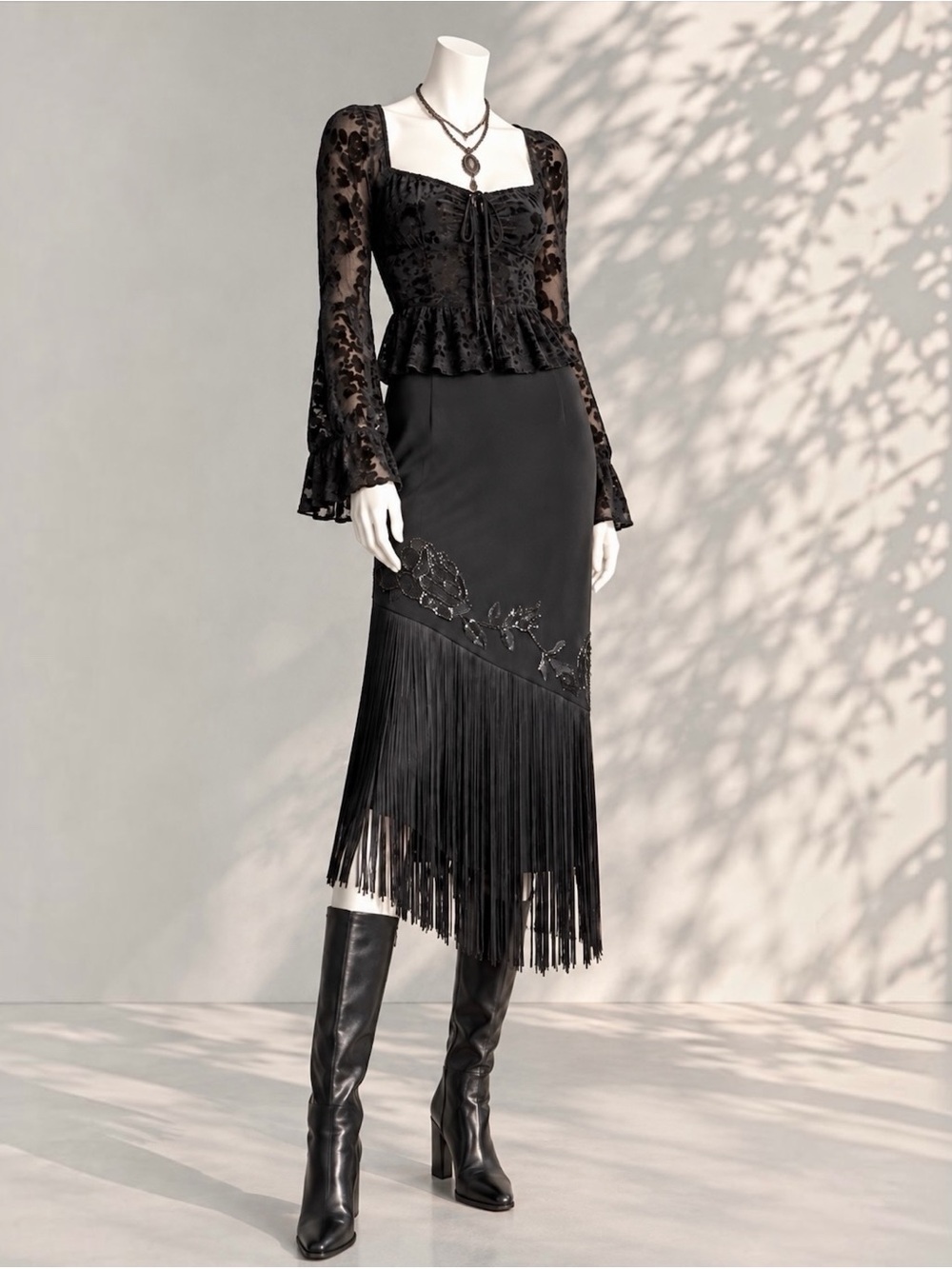 Nicole Studio Y2K Black Beaded Fringe Skirt Whimsigoth Dark Romantic M/L